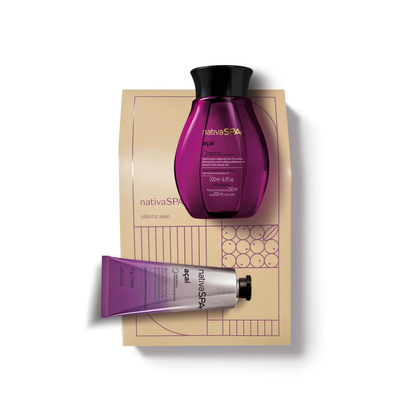 Nativa Spa Gift Kit Acai Body Oil 200ml Hand Cream 75g| O Boticário